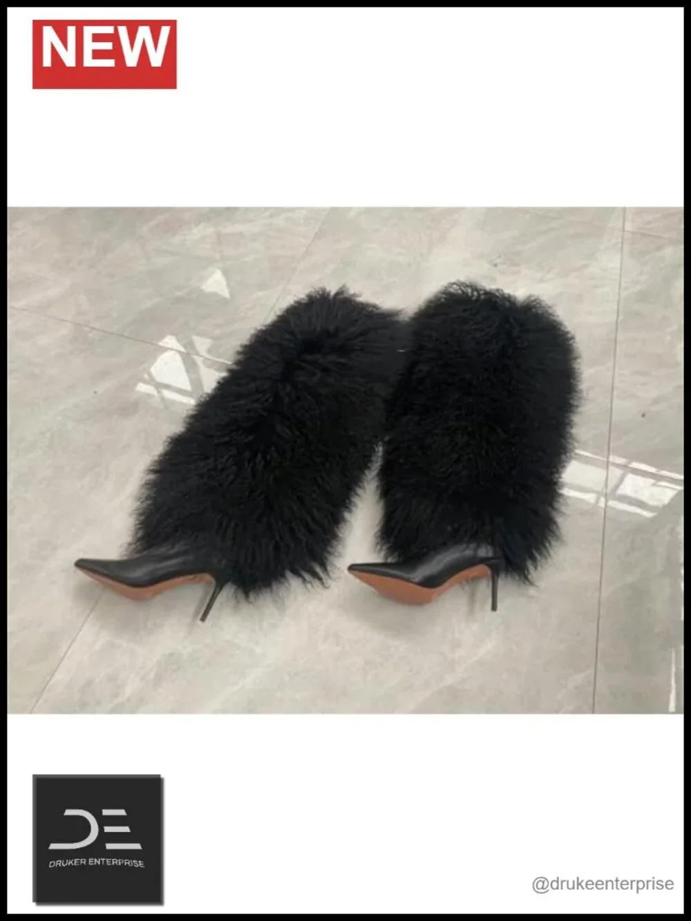 Real Mongolian Fur Over Knee Boots Women's Pointed High Heel